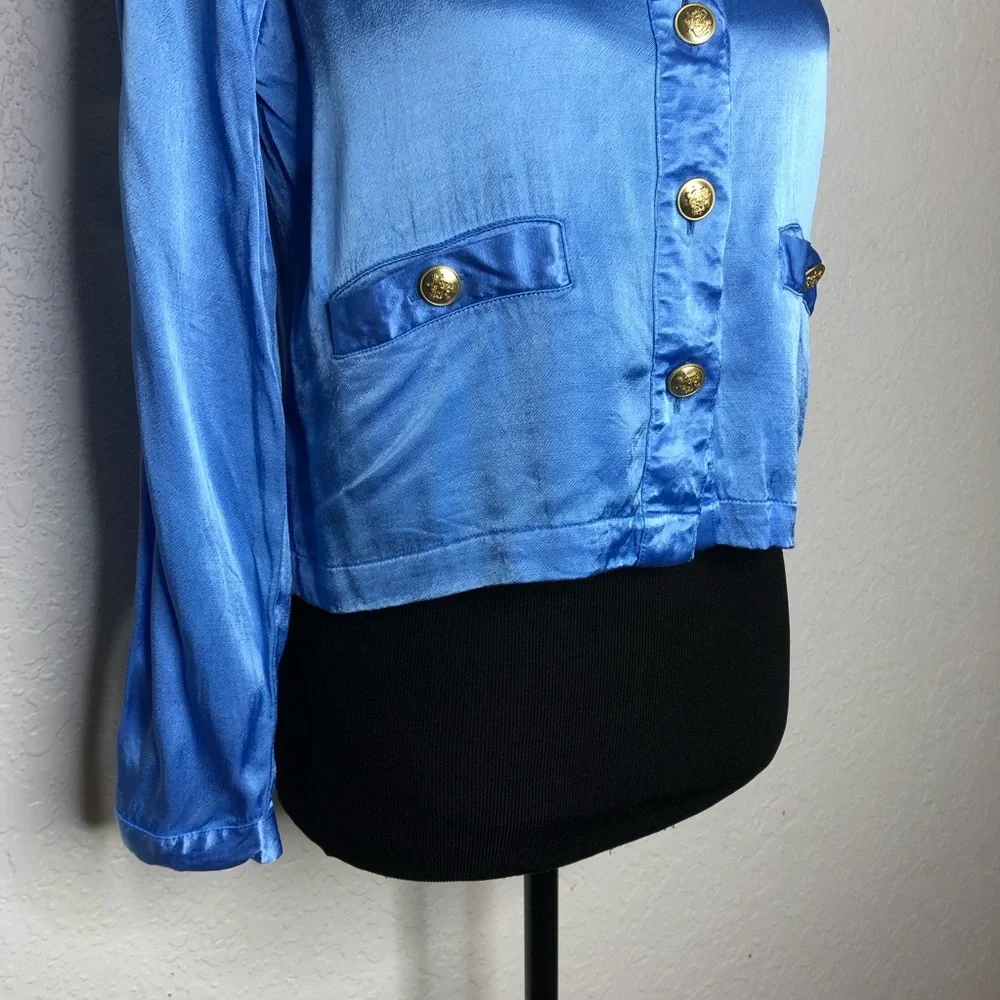 J Crew blue shiny satin gold button cropped button down top size Extra Small XS